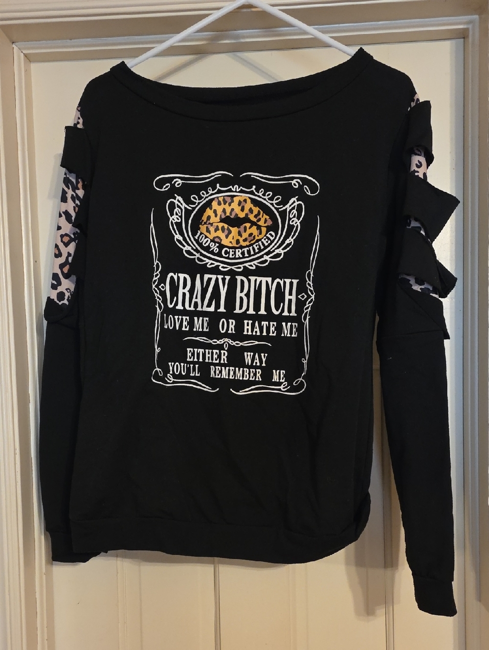 Black Graphic Cold-Shoulder Sweatshirt with Leopard Accent